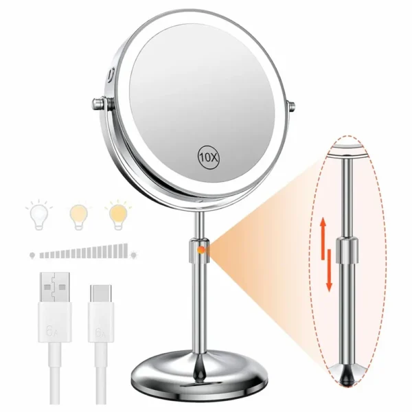 8 Inch Makeup Mirror With Light Lamp 10X Magnification 3 Color Lights,Adjustable Brightness Height Standing Cosmetic Mirror - Image 7