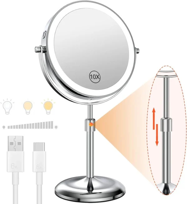 8 Inch Makeup Mirror With Light Lamp 10X Magnification 3 Color Lights,Adjustable Brightness Height Standing Cosmetic Mirror