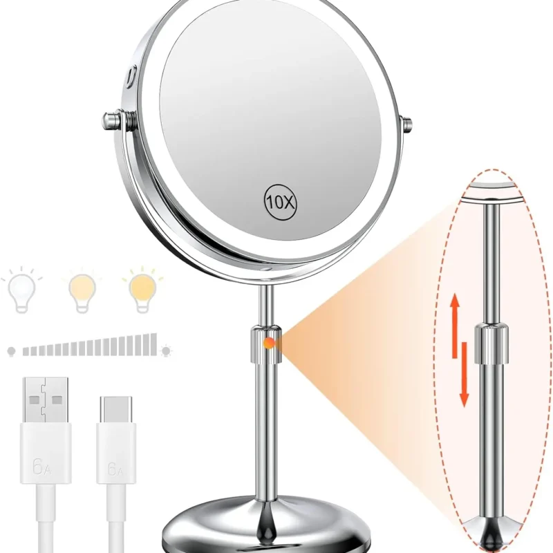 8 Inch Makeup Mirror With Light Lamp 10X Magnification 3 Color Lights,Adjustable Brightness Height Standing Cosmetic Mirror