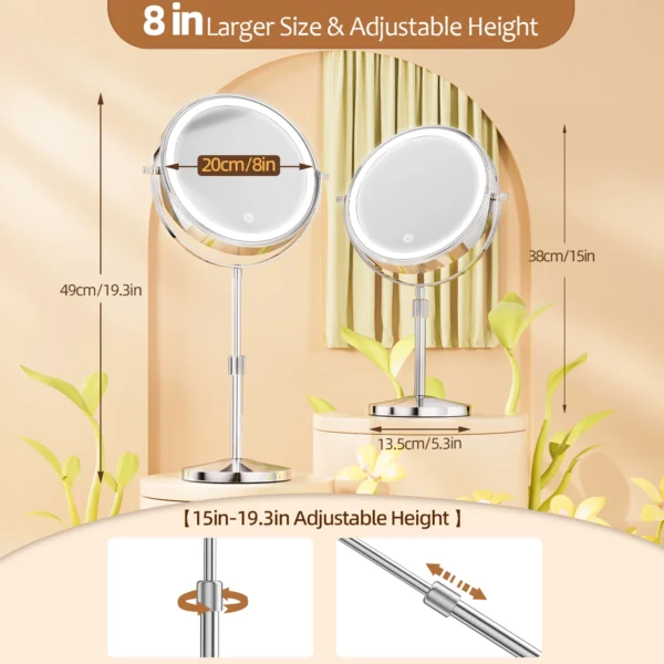 8 Inch Makeup Mirror With Light Lamp 10X Magnification 3 Color Lights,Adjustable Brightness Height Standing Cosmetic Mirror - Image 2