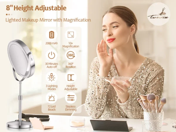 8 Inch Makeup Mirror With Light Lamp 10X Magnification 3 Color Lights,Adjustable Brightness Height Standing Cosmetic Mirror - Image 8