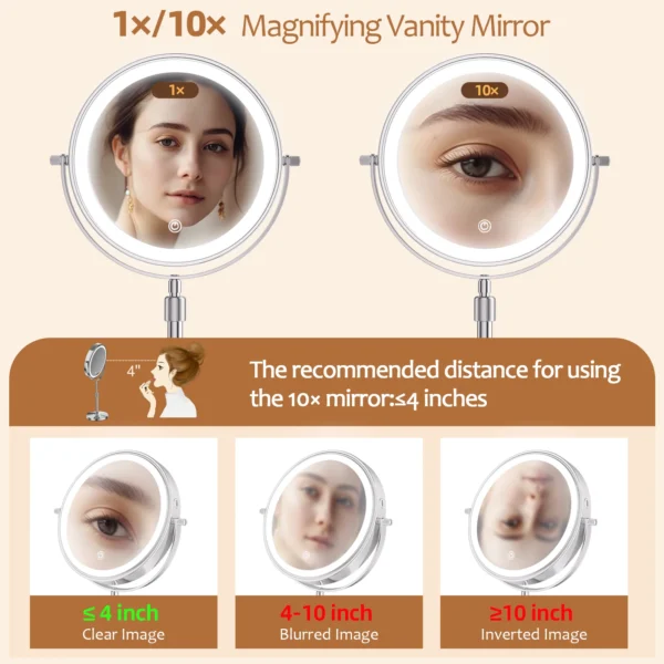 8 Inch Makeup Mirror With Light Lamp 10X Magnification 3 Color Lights,Adjustable Brightness Height Standing Cosmetic Mirror - Image 5