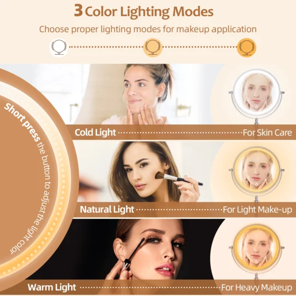 8 Inch Makeup Mirror With Light Lamp 10X Magnification 3 Color Lights,Adjustable Brightness Height Standing Cosmetic Mirror - Image 3