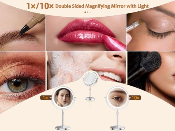 8 Inch Makeup Mirror With Light Lamp 10X Magnification 3 Color Lights,Adjustable Brightness Height Standing Cosmetic Mirror - Image 12