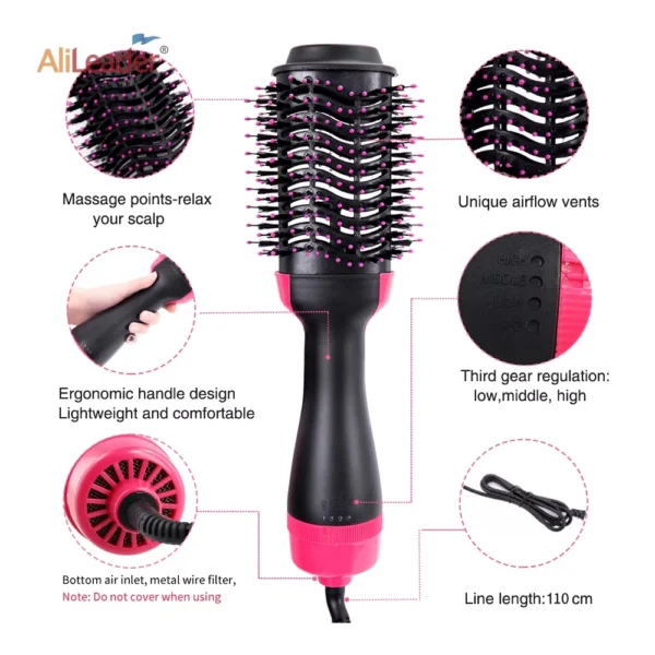 Women Hair Dryer Brush Hair Dryer Straightener Curler Massager 4 In 1 Rapid Warming One Step Volumizer Hot-Air Hair Brushes - Image 4