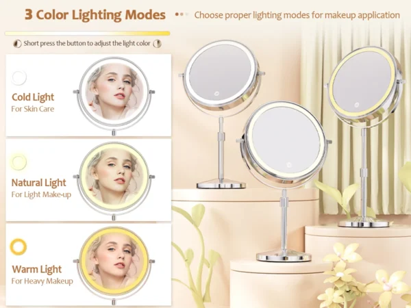 8 Inch Makeup Mirror With Light Lamp 10X Magnification 3 Color Lights,Adjustable Brightness Height Standing Cosmetic Mirror - Image 10